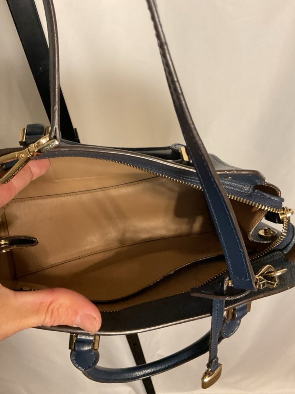 Michael Kors Navy Studded Leather Satchel Crossbody Gold Hardware - Picture 6 of 8